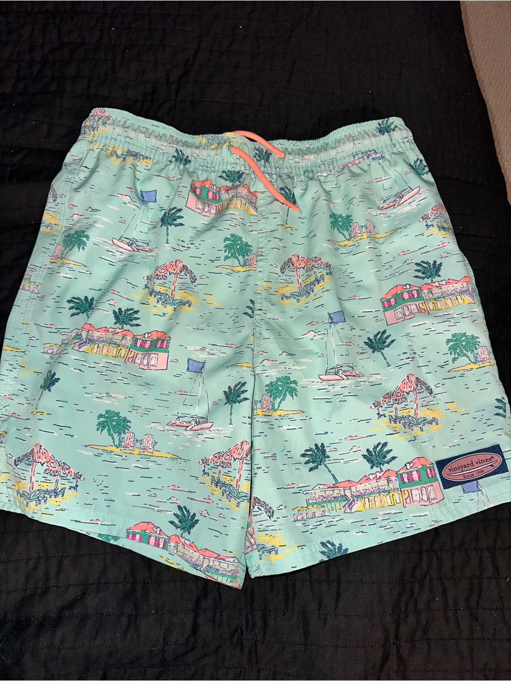 Vineyard Vines Kids Mint Green Tropical Print Swim Trunks with Coral Drawstring
